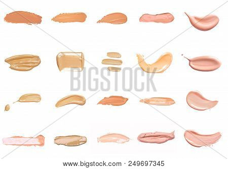 Liquid Foundation Paint Strokes. Smear Stroke. Makeup Cosmetic Smear Cream Set Isolated On White Bac
