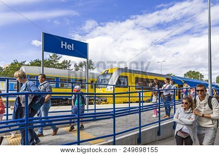 Jastarnia, Poland - August 1, 2015: People And Trains On Hel Railway Station. Station Serving The To