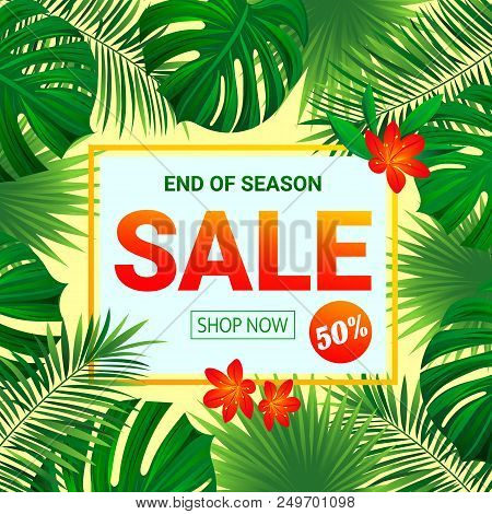 Seasonal Promotion Poster. Summer Sale Design. Tropic Background With Exotic Tropical Flowers, Leave
