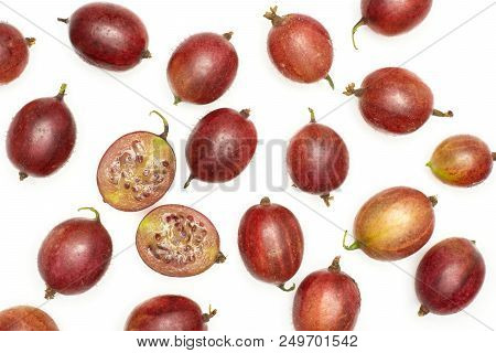 Lot Of Whole Fresh Red Gooseberry Hinnomaki Variety One Cut In Two Section Halves Flatlay Isolated O