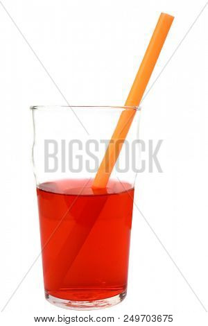 Cranberry Juice in a glass with a plastic straw. Isolated on white. Room for text. 