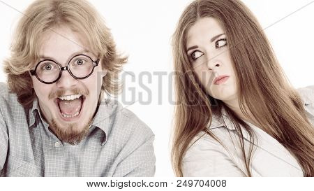 Woman Being Irritated Looking Displeased At Her Friend Or Boyfriend Being Silly, Fooling Around And 