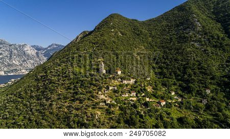 Aerial Old Abandoned Village In Mountains. Village Gornji Stoliv, Kotor Bay, Montenegro
