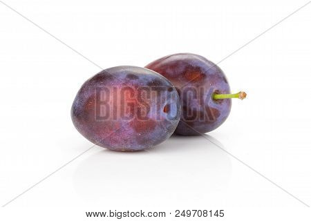 Group Of Two Whole Fresh Violet-blue Plum Vibrant Moyer Variety In Row Isolated On White