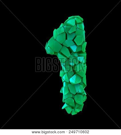Number one 1 in a 3D illustration made of broken plastic green color isolated black background
