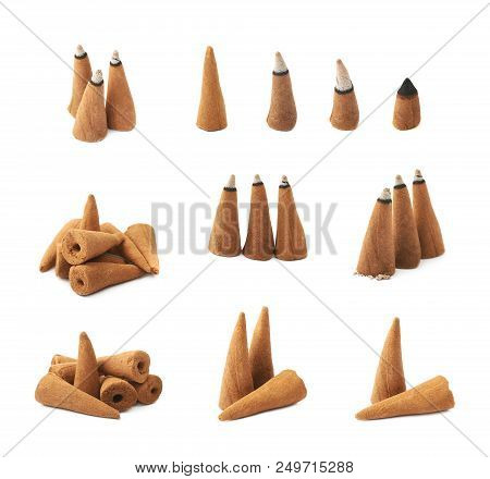 Aroma Incense Cone Isolated Over The White Background , Set Of Several Different Foreshortenings