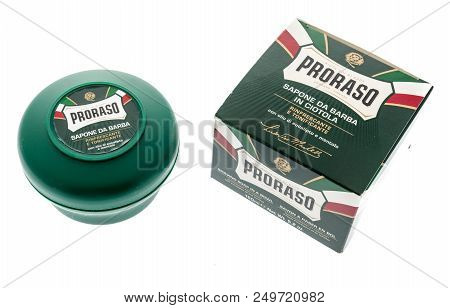Winneconne, Wi - 14 July 2018: A Package Of Proraso Shaving Soap On An Isolated Background.
