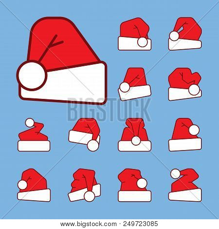 Santa Hat Outline With Red Color Fill Icon Set. Vector Linear Symbol Pack.  Editable Stroke Christma