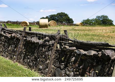 Beautiful Stone Wall And Hay Bales In The Countryside Near Upperville Virginia In Fauquier County