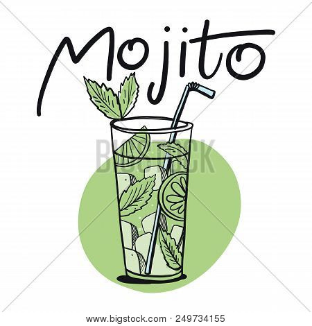 Cocktail Mojito In Sketch Style For Menu. Mojito Contemporary Classic Cocktail. Longdrink. Fresh Lem