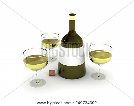 Bottle Of White Wine And Wineglasses. 3d Image Renderer