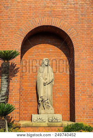 Nagasaki, Japan - 14jul2018:  Statue Of The Virgin Mary At Urakami Cathedral In Nagasaki, Japan.