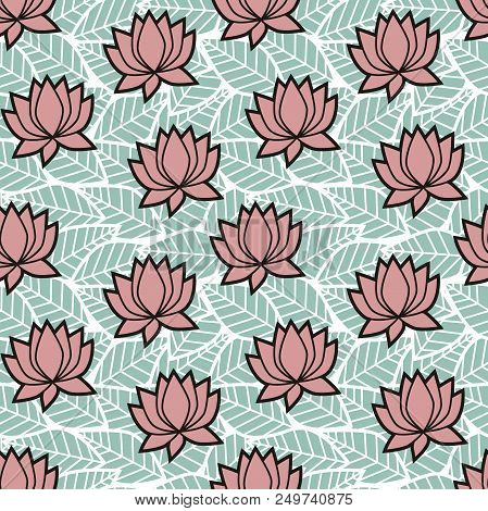 Seamless Pattern With Lotus Oriental Lilies On The Leaves