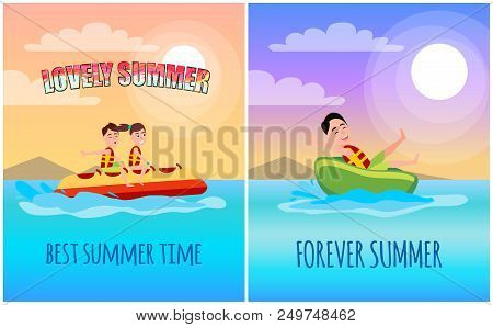 Best Summer Time Poster, Cartoon Illustration, Vector Banner With Banana Boat And Donut Ride, Happy 