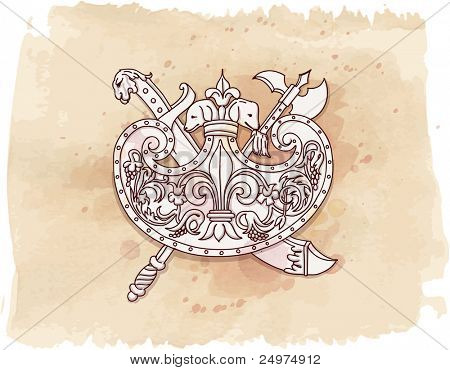 Vintage amblem - metope - el kroki & suluboya arka plan çizmek. Bit eşlem kopyalayın vektör kimliğim 8798903