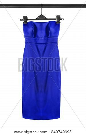 Deep Blue Strapless Satin Elegant Dress Hanging On Clothes Rack Isolated Over White