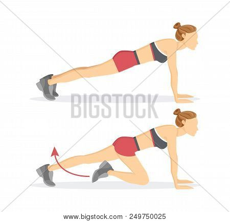 Sportive Woman Doing Slow Climbers Exercise Tabata, Arrow And Female Wearing Shorts And Top Isolated