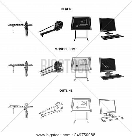 Construction Crane, Measuring Tape Measure, Drawing Board, Computer. Architecture Set Collection Ico