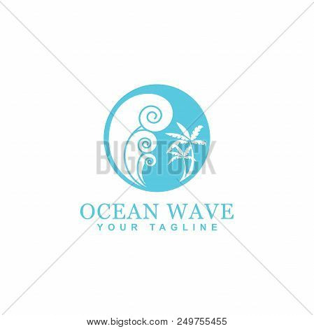 Ocean Waves Logo Design, Waves Circular Vector Design And Palm Trees