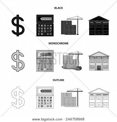 Calculator, Dollar Sign, New Building, Real Estate Offices. Realtor Set Collection Icons In Black, M
