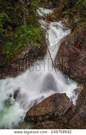 Morskie Oko.  Waterfall In Tatra Mountains. Morskie Oko.