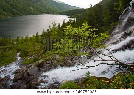 Morskie Oko.  Waterfall In Tatra Mountains. Morskie Oko.
