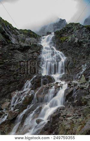 Morskie Oko.  Waterfall In Tatra Mountains. Morskie Oko.