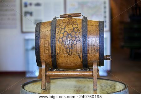 Znojmo, Czech Republic - July 4, 2018: Monastery Loucky Klaster. Znovín Znojmo Winery. Wooden Wine B