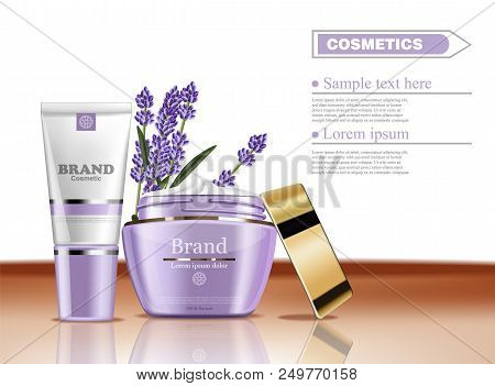 Lavender Cream Cosmetic Set Collection Vector Mock Up. Realistic Product Packaging Label Designs. Lo