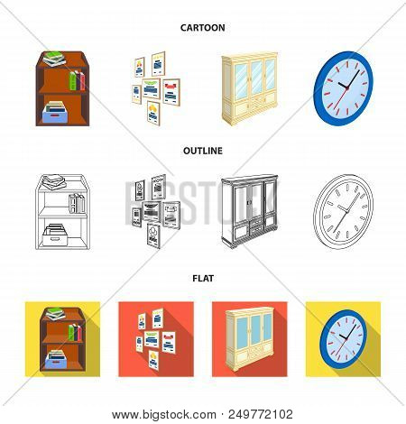 Cabinet, Shelving With Books And Documents, Frames On The Wall, Round Clocks. Office Interior Set Co