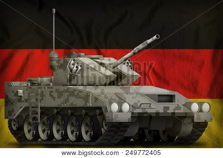Light Tank Apc With Pixel City Camouflage On The Germany Flag Background. 3d Illustration