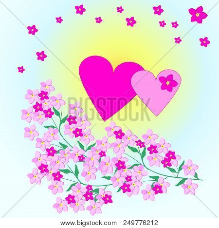 Two Hearts On A Sunny Background.twigs Of Pink Flowers. Can Be Used For Wedding Cards.
