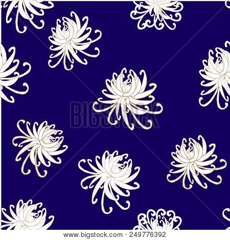 White Chrysanthemums On A Dark Blue Background. Seamless Pattern. You Can Apply A Pattern To Fabrics