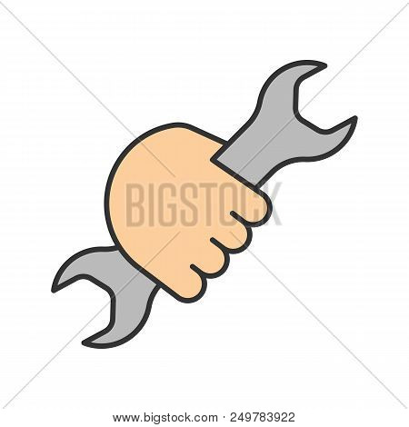 Hand Holding Wrench Color Icon. Double Open Ended Spanner. Isolated Vector Illustration