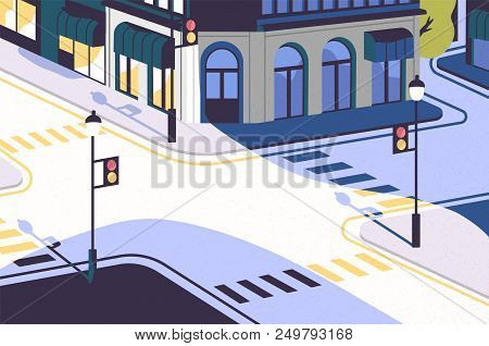 Urban Landscape With Empty Street Corner, Elegant Buildings, Crossroad With Traffic Signals And Pede