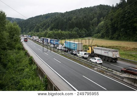 Vransko, Slovenia / Slovenia - July 11 2018: Stop At Slovenian Highway For Truck Full With Corn