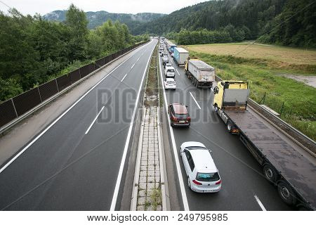 Vransko, Slovenia / Slovenia - July 11 2018: Stop At Slovenian Highway For Truck Full With Corn