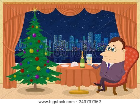 Respectable Gentleman Sitting Near Table And Celebrating Christmas In Restaurant With Firtree And Vi