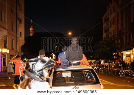 Strasbourg, France - July 10, 2018: Mens In Car - Unique French Celebration After The Victory Of Fra