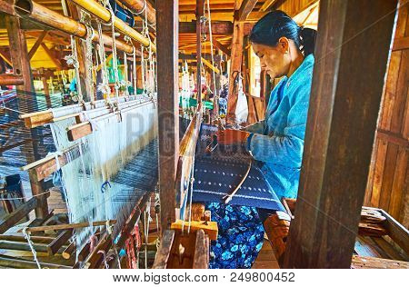 Inle Lake, Myanmar - February 18, 2018: Producing Of Silk Textile On The Old Traditional Hand Loom I