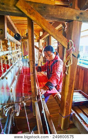 Inpawkhon, Myanmar - February 18, 2018: Producing Of Handmade Fabrics Of Cotton, Silk And Lotus, In 
