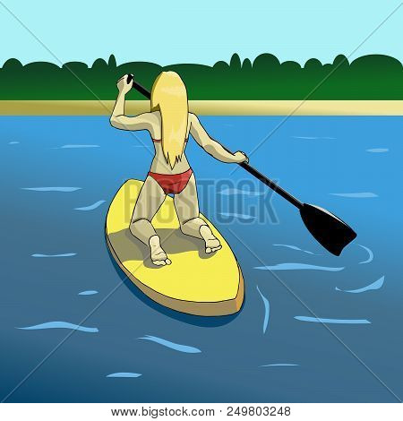Surfer Girl, Summer, Sport, Ocean, Beach, Sea. Vector Illustration