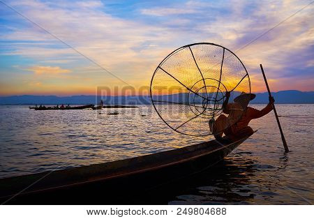 Explore The Way Of Traditional Fishing And Unique Skills Of Fishemen Of Inle Lake, Intha, Myanmar.
