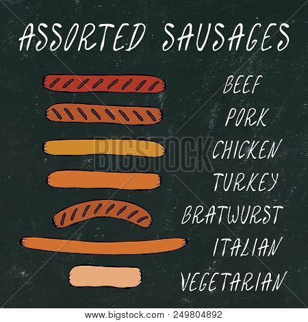 Set Of Assorted Sausages For Fast Food, Restaurant Or Bar Menu. Hand Drawn High Quality Clean Vector
