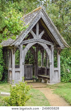 Traditional Wooden Lychgate With Inscription In English Cemetery