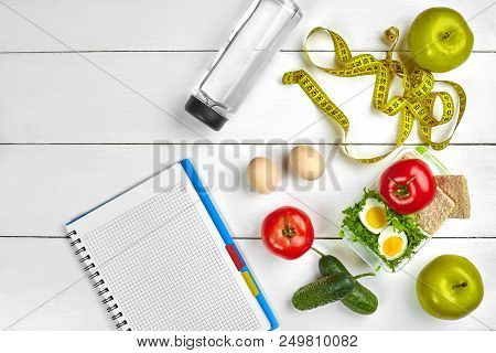 Top View Planning Notebook With Copy Space And Healthy Breakfast. Sandwich With Ham And Cheese, Eggs