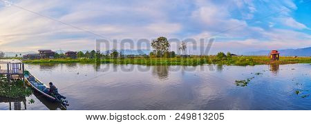The Bright Colorful Snset Sky Is Reflected In Clear Calm Waters Of Inle Lake, The Floating Farms And
