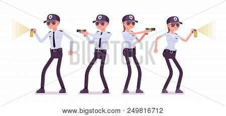Male And Female Security Guard At Work. Uniformed Officer, Agent With Electroshock, Flash Light. Pub