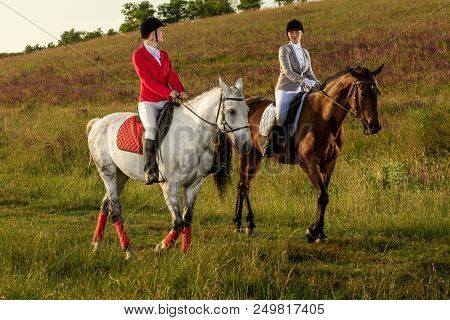 Horseback Riders. Two Attractive Women Ride Horses On A Green Meadow. Horse Riding. Horse Racing. Ri