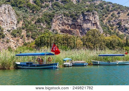 Lycian Tombs In The Mountains On The Dalyan River, Turkey. Dalyan Canal View. Dalyan Is Populer Tour